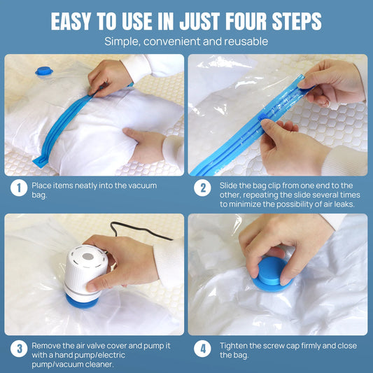 Vacuum Storage Bags with Hand Pump and Eelctric Pump, 12 PCS, 4 Sizes, Space Saving Travel Clothes Organizer