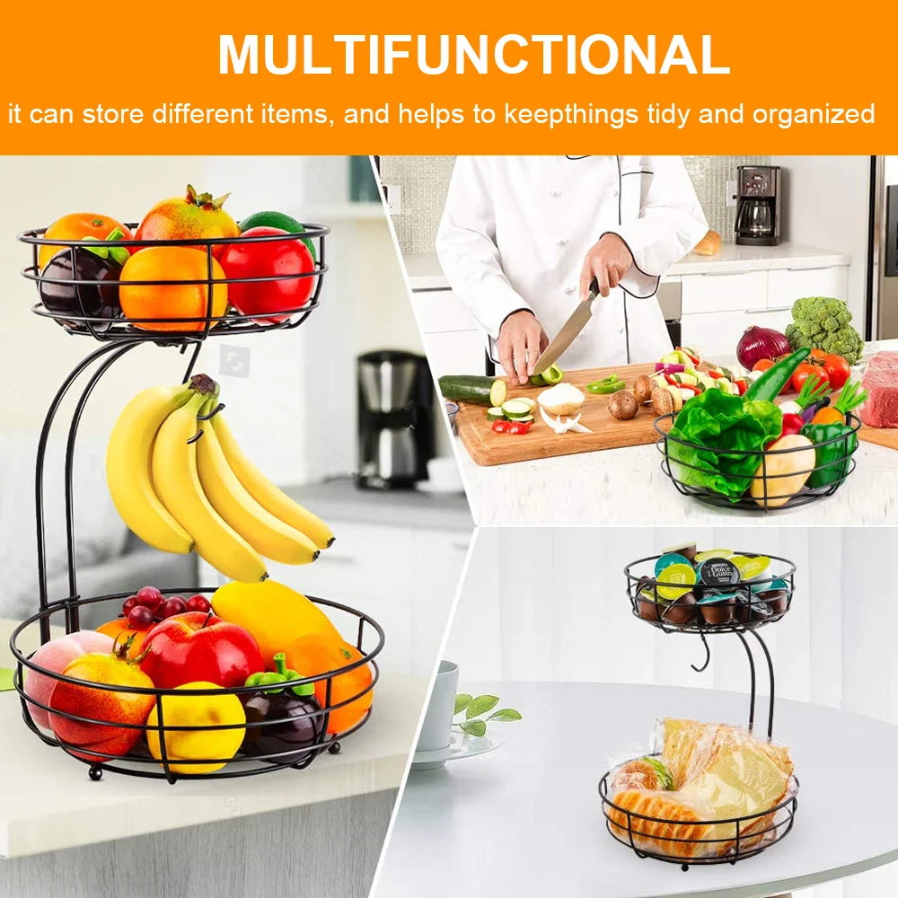 2-Tier Metal Fruit & Vegetable Basket with Banana Hook | Freestanding or Hanging