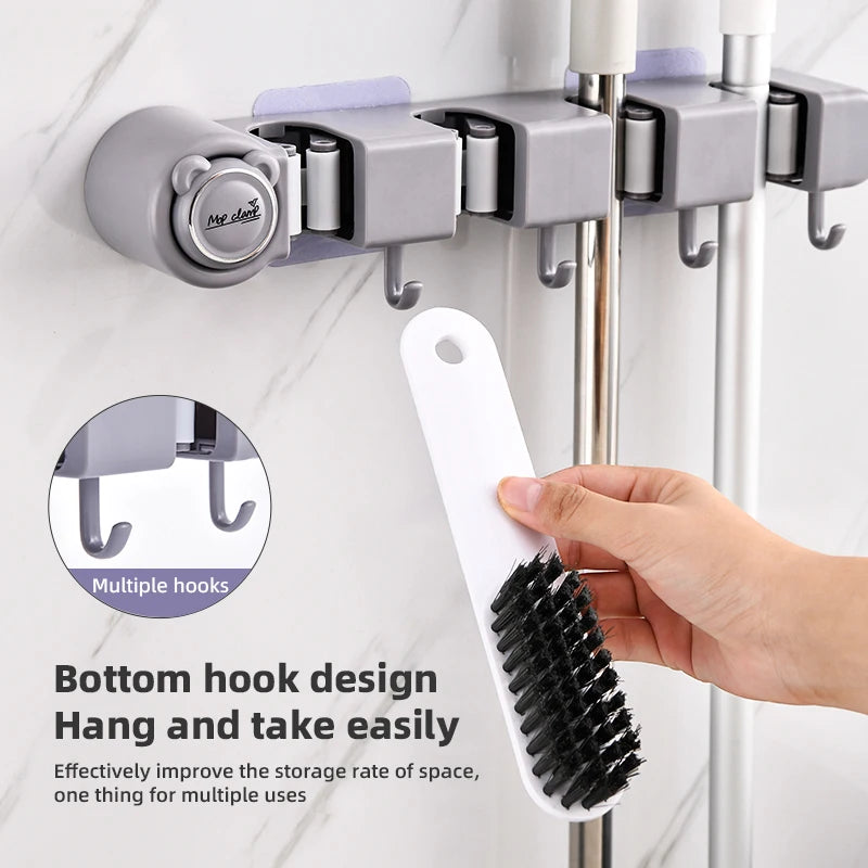 Broom Mop Holder, Wall Mounted Self-Adhesive Broom And Mop Organizer With Hooks For Bathroom Kitchen Closet Storage