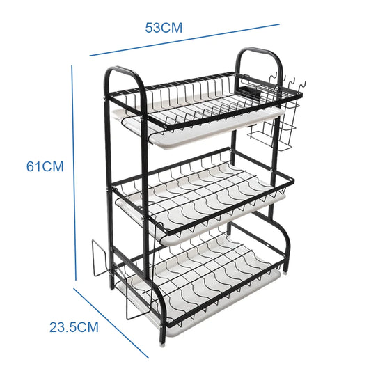 3-Tier Dish Drainer Rack with Drip Trays & Cutlery Holder | Black