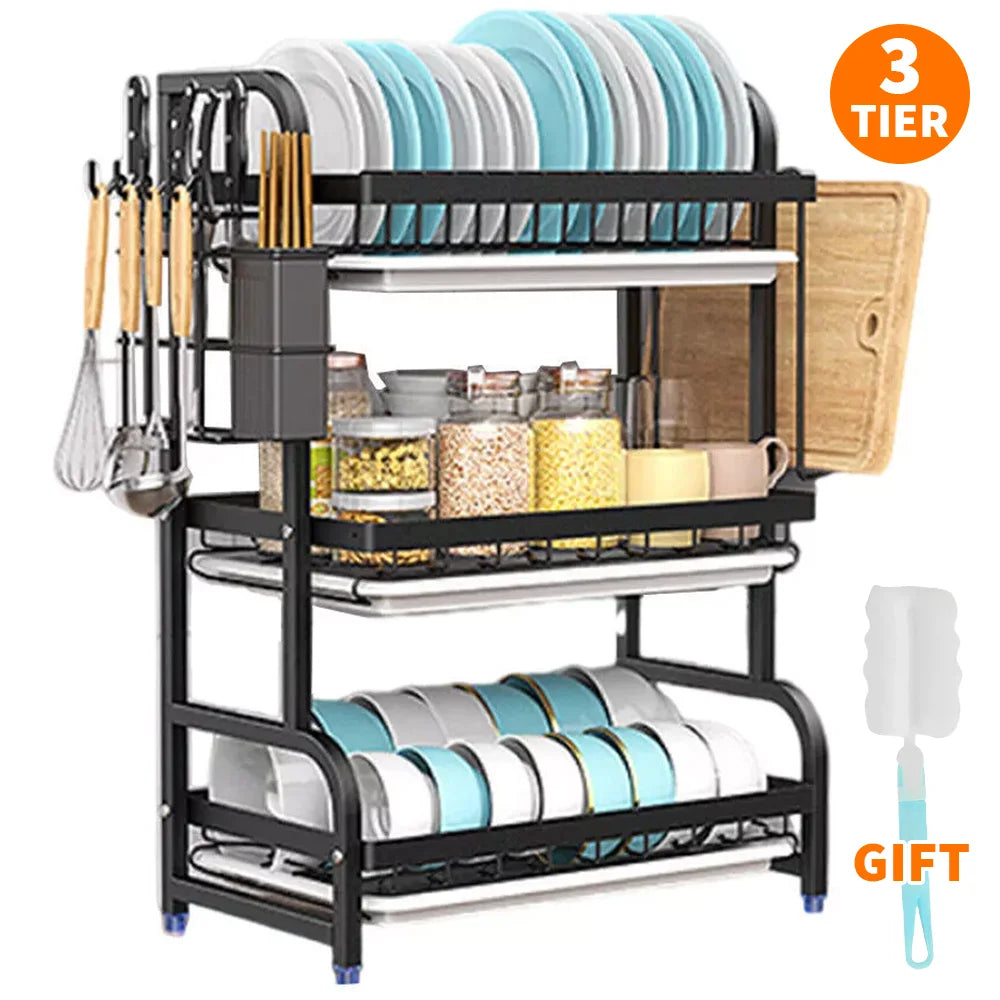 3-Tier Dish Drying Rack with Drainboard | Large Capacity | Rust-Proof Kitchen Organiser