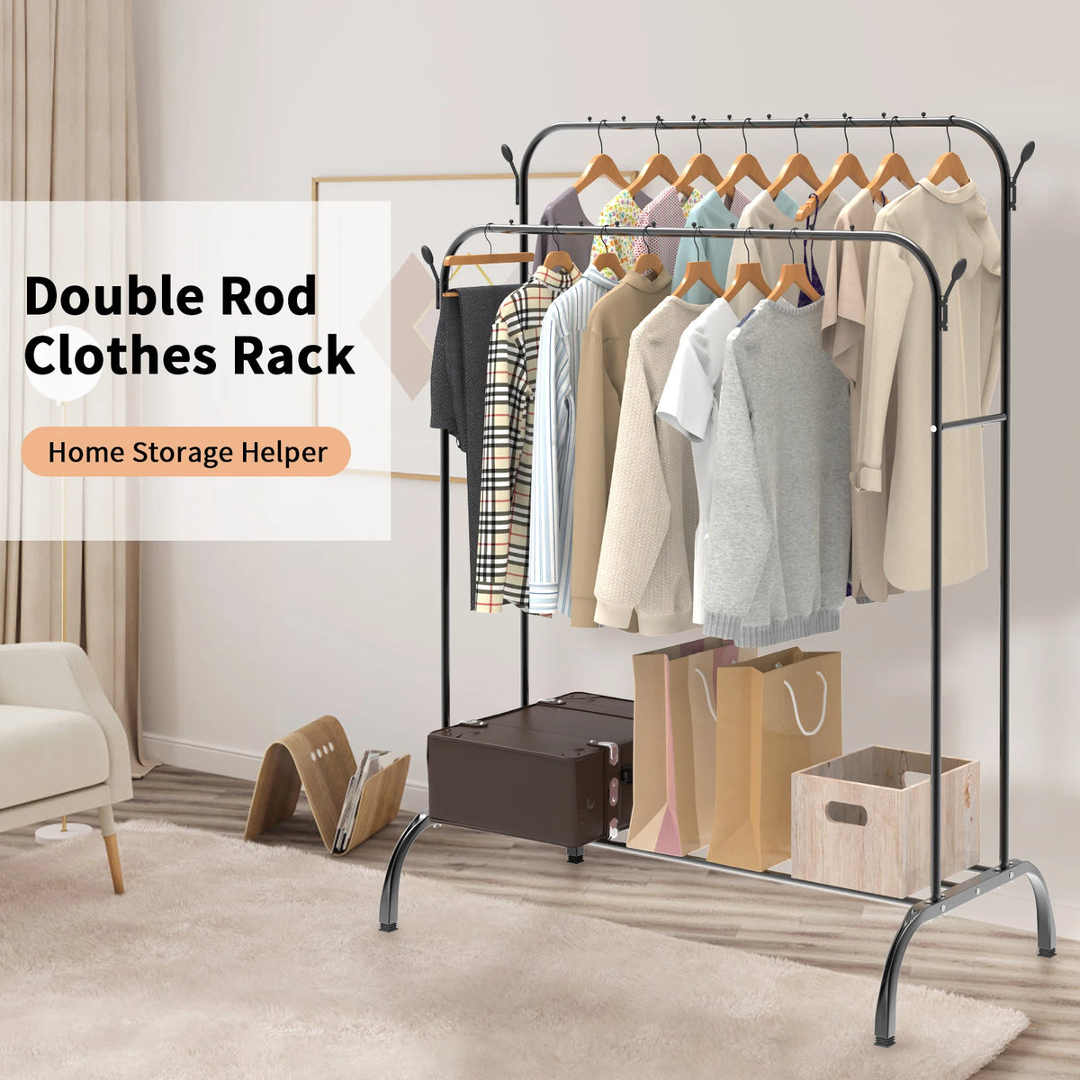 Heavy Duty Clothes Rail, 150 CM Metal Clothes Rack with Hooks, Bottom Rack, Holds up to 42 KG, Portable Hanging Rail for Coats