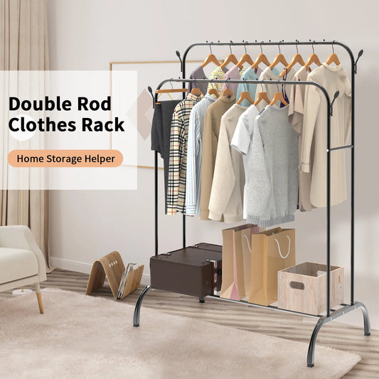 Heavy Duty Clothes Rail, 150 CM Metal Clothes Rack with Hooks, Bottom Rack, Holds up to 42 KG, Portable Hanging Rail for Coats