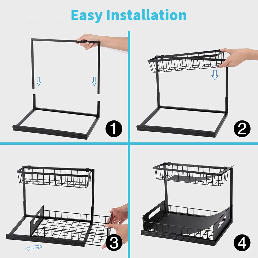 2 Tier Storage Rack Pull Out Under Sink Organizer Spice Racks Multi-purpose Storage Shelves for Kitchen Bathroom