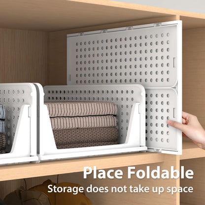 Stackable Wardrobe Storage 4 Pack, Foldable Drawers White, Hollow Easy Pull Out, Collapsible Boxes for Shelves Bedroom Laundry
