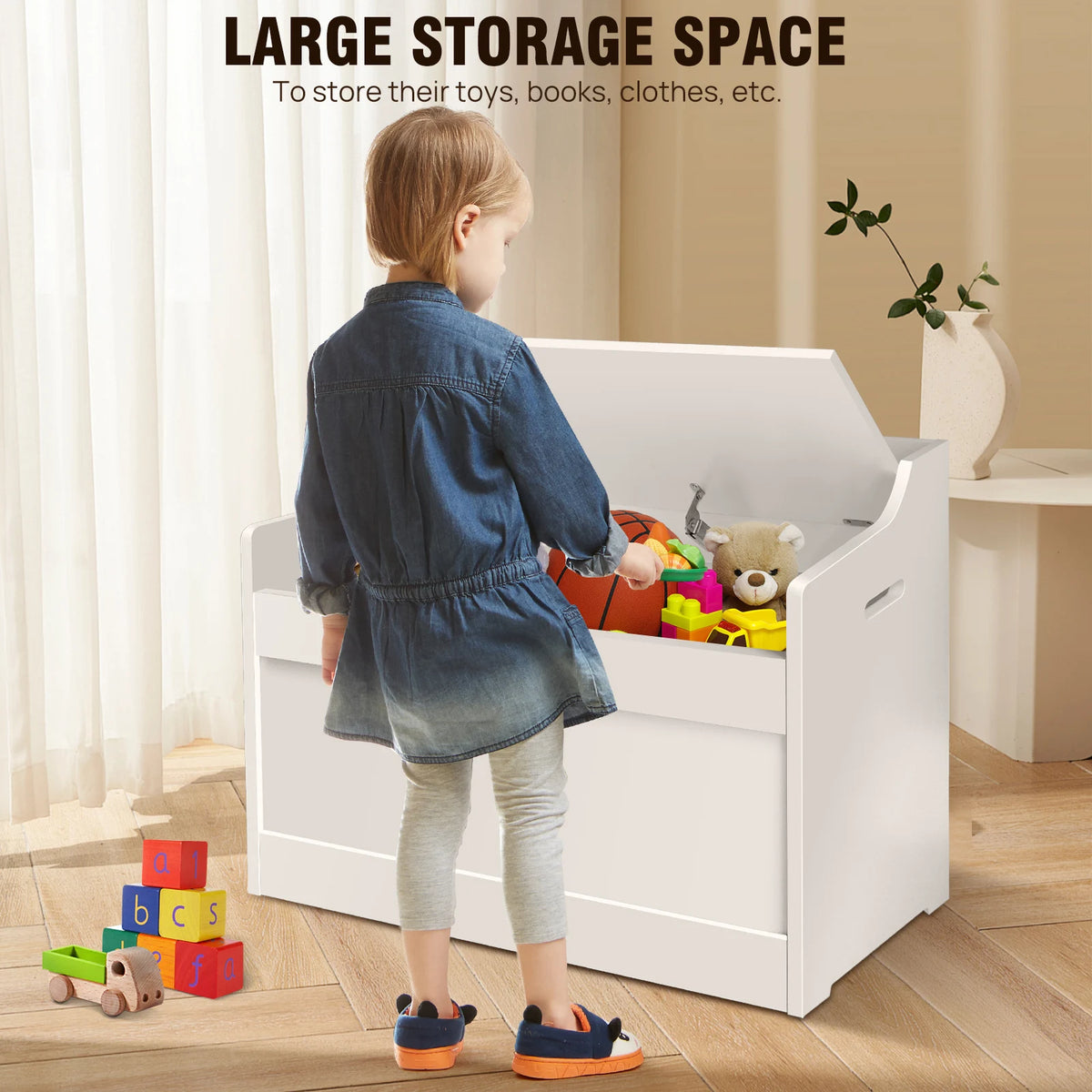 Wooden Storage Box with Lid Bench, 2-in-1 Toy and Blanket Box for Playroom or Bedroom, Large Capacity,Safety Hinges