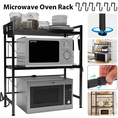 2-Tier Microwave Oven Shelf with 6 Hooks | Expandable Carbon Steel Rack