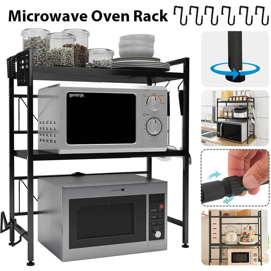 2-Tier Microwave Oven Shelf with 6 Hooks | Expandable Carbon Steel Rack