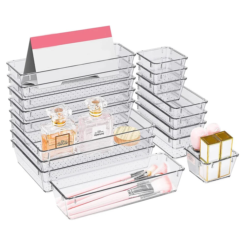 25pc Drawer Organizers Set Clear Plastic Desk Dividers Bins Bedroom Dresser Office Storage Box for Makeup Jewelries Gadgets