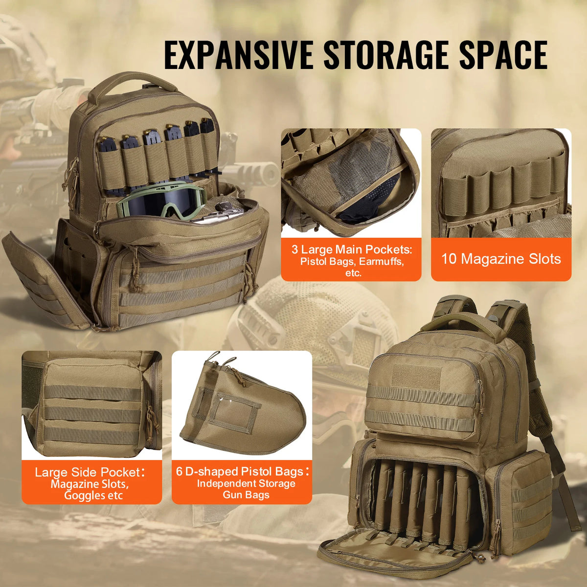 SucceBuy Tactical Range Backpack 2/6 Pistols Gun Backpack with Independent Pistol Bags and Magazines Pistol Backpack for Outdoor