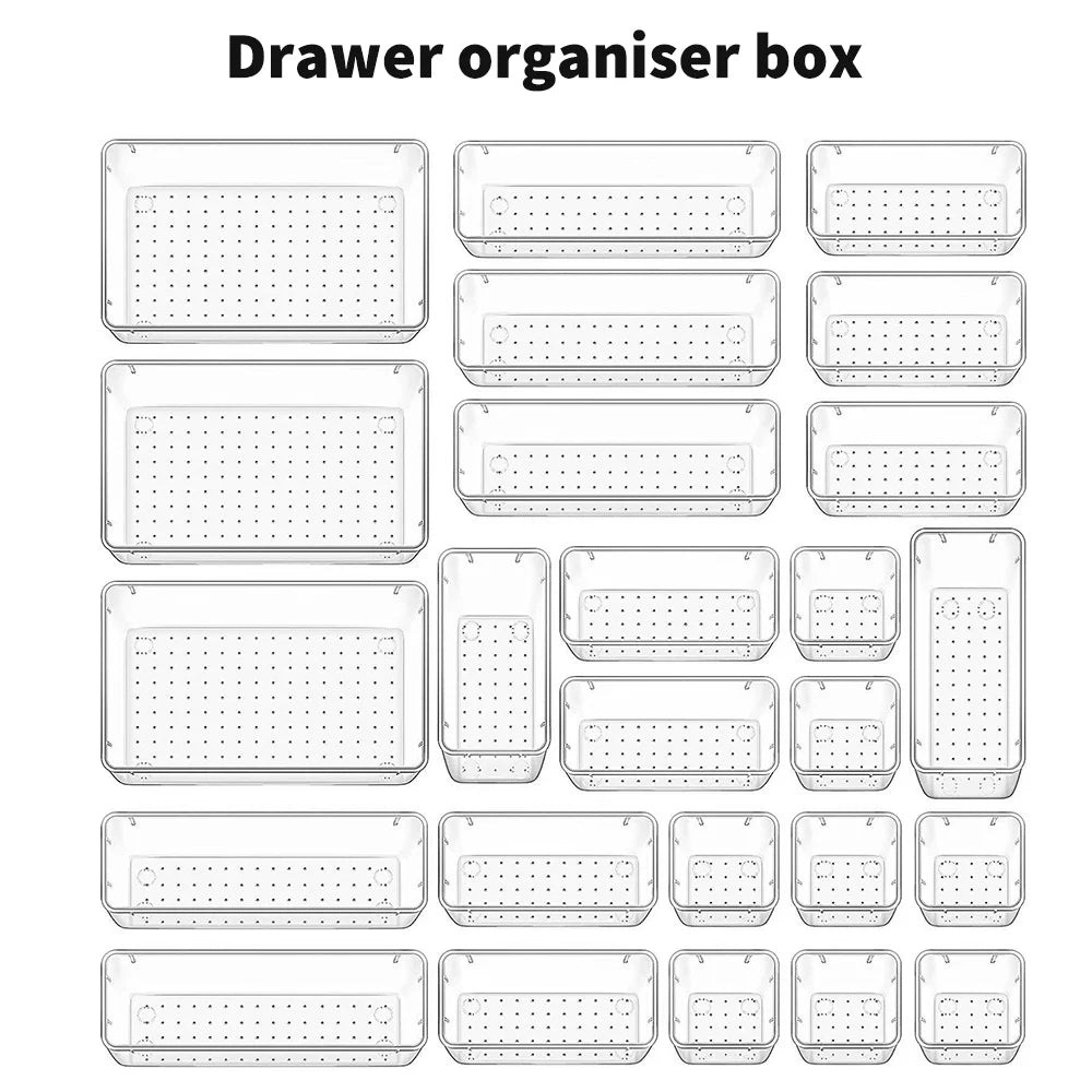 25-Piece Clear Drawer Organiser Set | Plastic Divider Bins for Desk, Bedroom & Kitchen