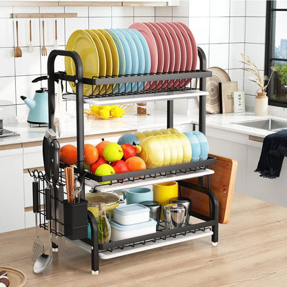 3-Tier Dish Drainer Rack with Drip Trays & Cutlery Holder | Black