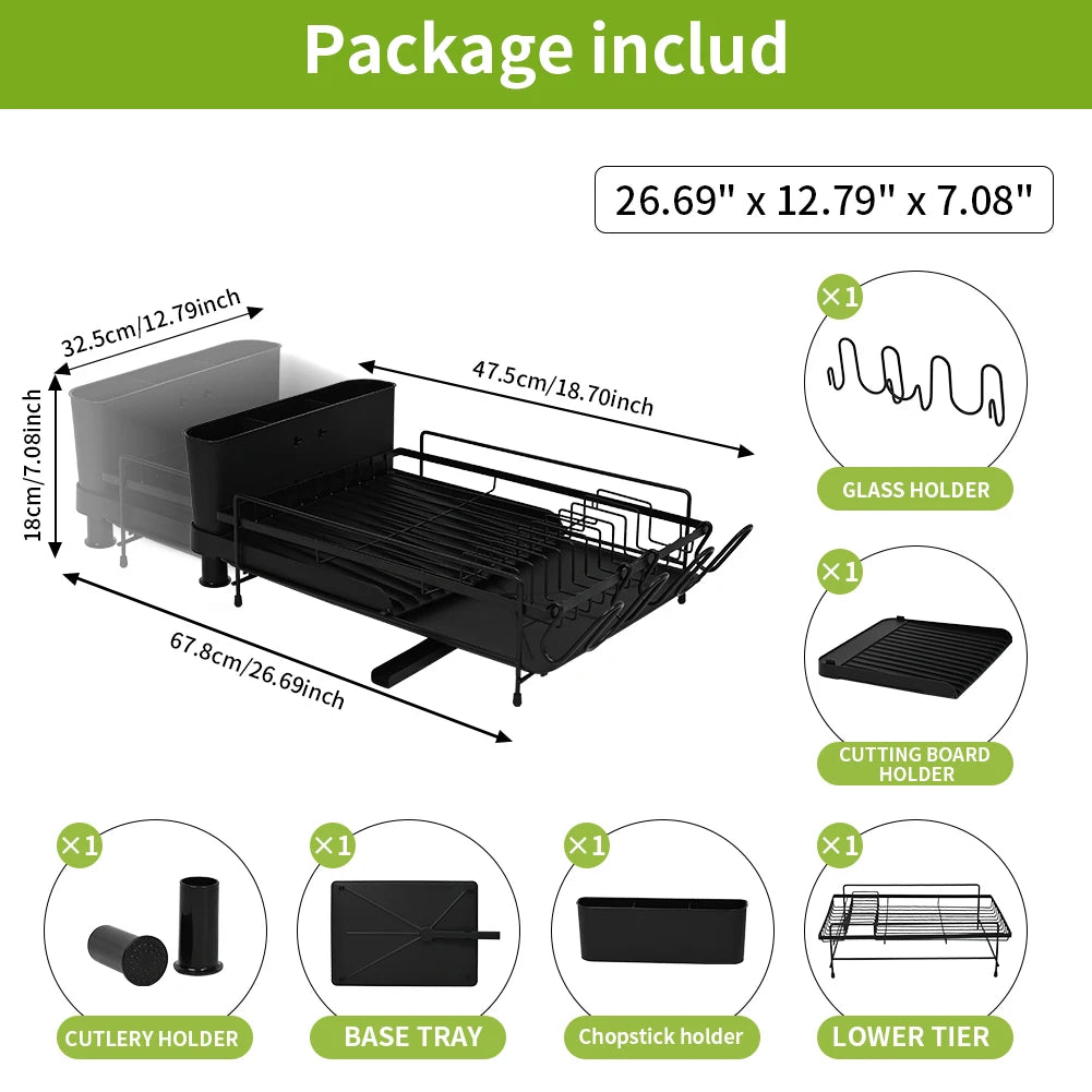 Extendable Dish Drainer Rack with Cutlery & Cup Holders