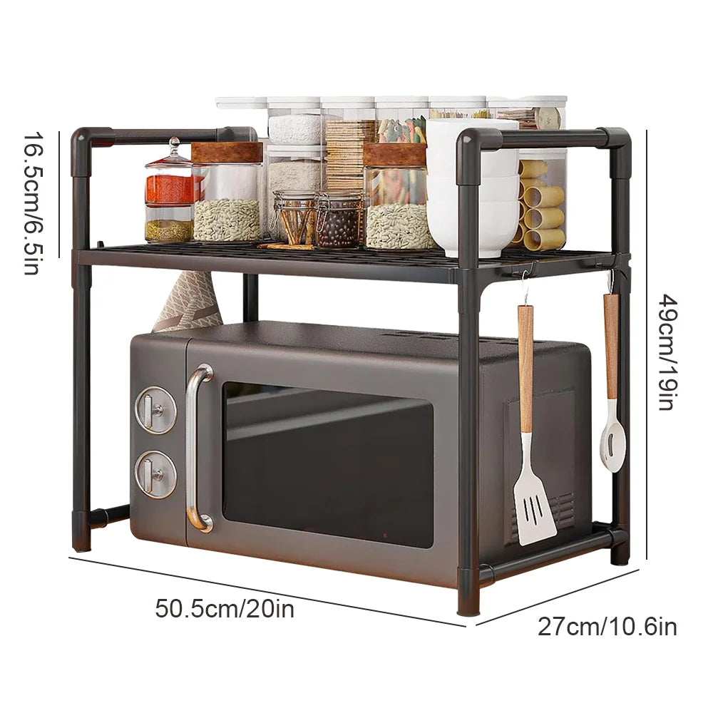 Multi-Purpose Kitchen Storage Rack for Microwave, Oven, Countertop Organizer with Tool Hooks Tidying Shelves Kitchen Accessories