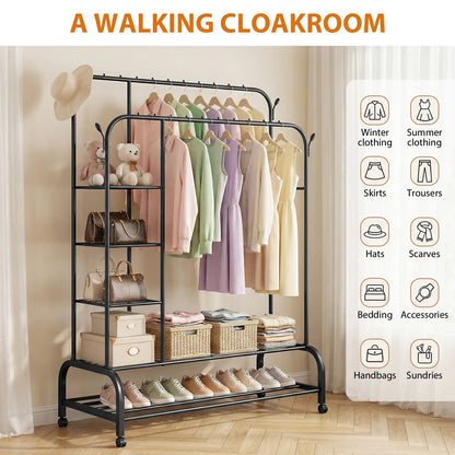 Clothes Heavy Duty Rail, 160CM Carbon Steel Metal Clothes Rack 2 Bottom Rack, 4Hooks,4 Shelves, Freestanding Hanging Rail Storage Shelf for Bedroom Temporary Garment Laundry, Entryway, Wardrobe