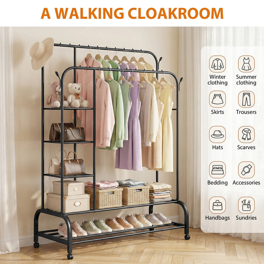 160cm Heavy-Duty Carbon Steel Clothes Rail | 2 Bottom Racks, 4 Shelves & 4 Hooks