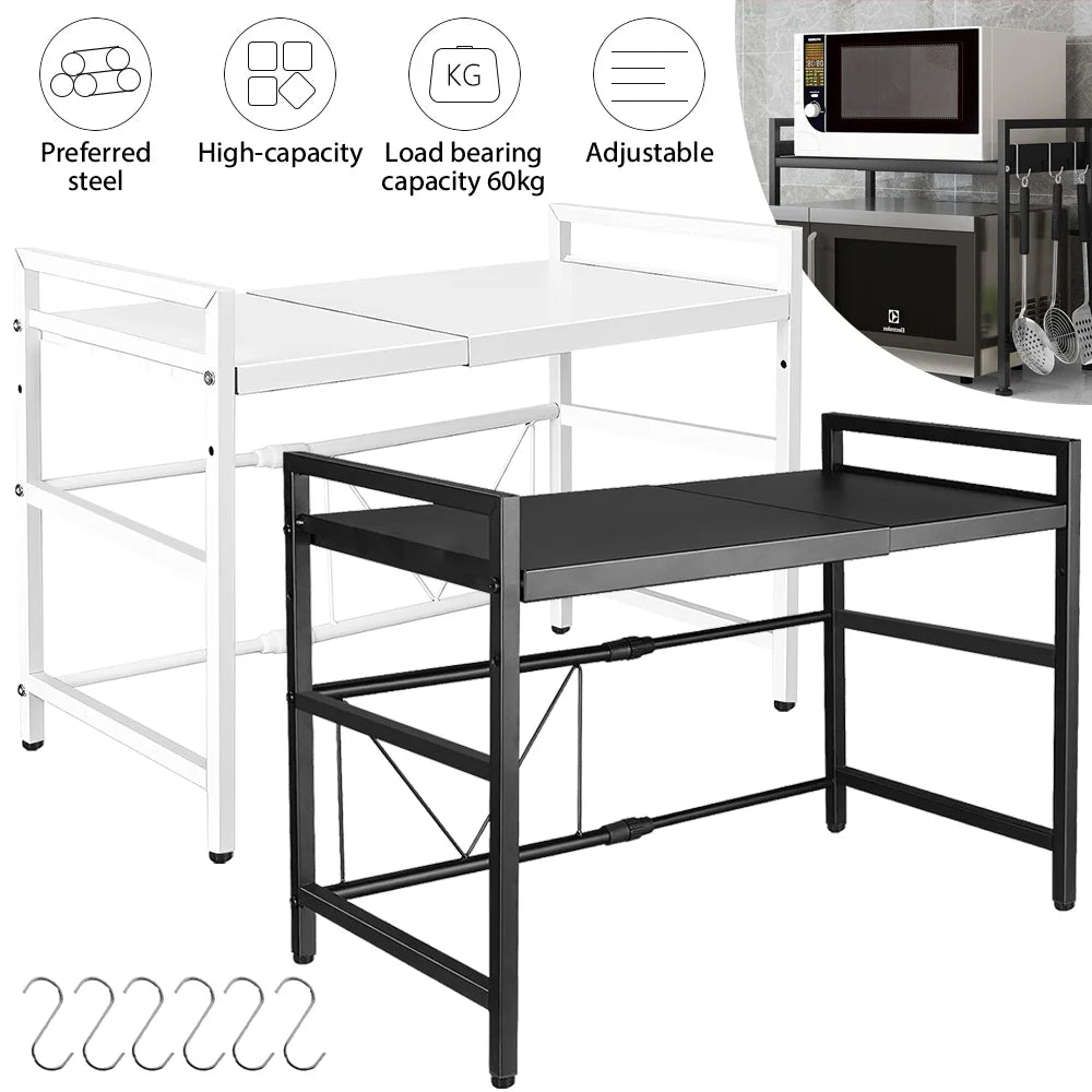 2-Tier Microwave Oven Shelf with 6 Hooks | Expandable Carbon Steel Rack