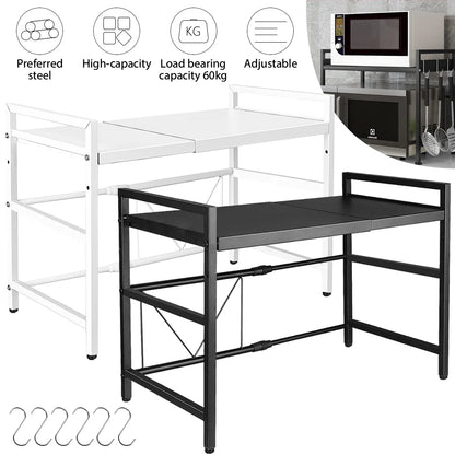 2-Tier Microwave Oven Shelf with 6 Hooks | Expandable Carbon Steel Rack