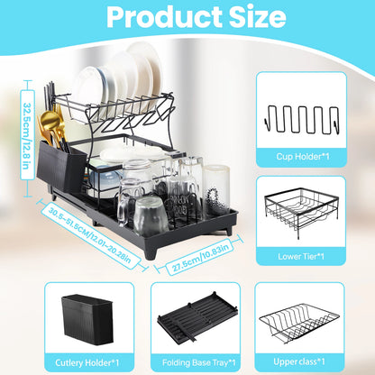 2-Tier Dish Drainer Rack with Draining Board & Utensil Holder