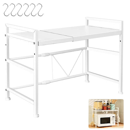 2-Tier Microwave Oven Shelf with 6 Hooks | Expandable Carbon Steel Rack