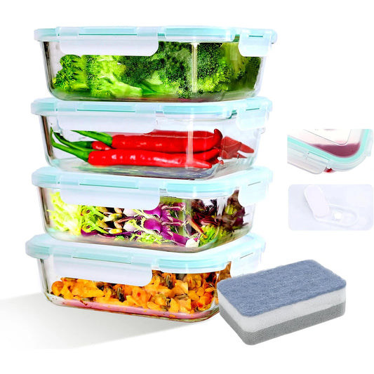 SAEIV 2/4/6-Pack Glass Food Storage Containers Are Made of Safe Borosilicate Glass and Feature a Blue Steam Vent Cap for a Leak-Proof Seal Microwave and Dishwasher Safe BPA-Free Stackable and Ideal for Kitchen Food Preparatio