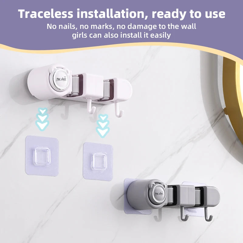 Broom Mop Holder, Wall Mounted Self-Adhesive Broom And Mop Organizer With Hooks For Bathroom Kitchen Closet Storage