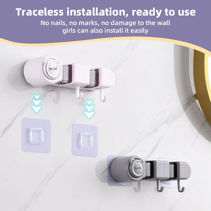 Wall-Mounted Broom & Mop Holder | 4 Slots & 4 Hooks | Self-Adhesive No-Drill