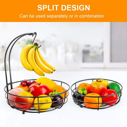 2-Tier Fruit & Veggie Basket Durable Storage Stand for Dining Tables with Hanger Option