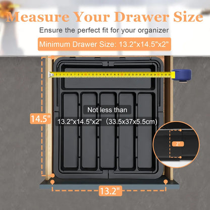 Large Expandable Kitchen Drawer Organizer for Flatware -Adjustable Cutlery Tray (6-9 Slots) for Spoons/Forks/Knives, Black