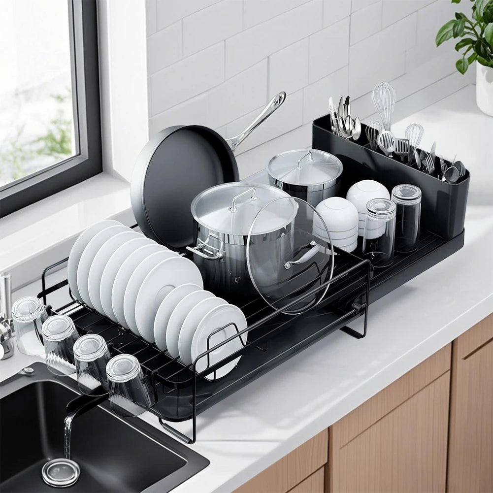 Extendable Dish Drainer Rack with Cutlery & Cup Holders | Anti-Rust | Black