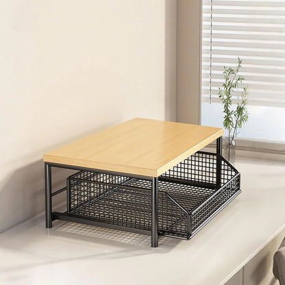 2-Tier Kitchen Countertop Organiser | Wood & Metal | Drawer & Basket Shelf