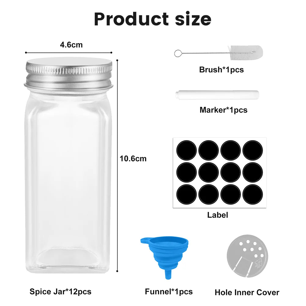 12-Piece Glass Spice Jar Set | 120ml | Transparent Seasoning Bottles