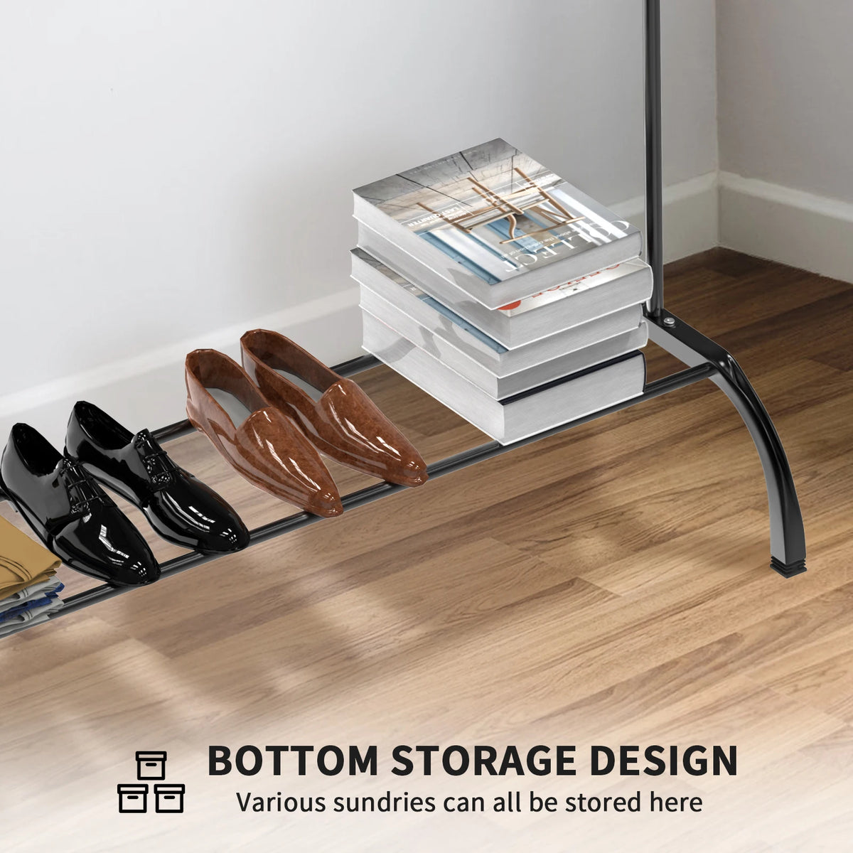 Freestanding Pole Clothes Rack with 8 Side Hooks | Floor-Standing Drying Shelf