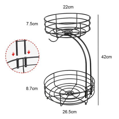 2-Tier Fruit & Veggie Basket Durable Storage Stand for Dining Tables with Hanger Option