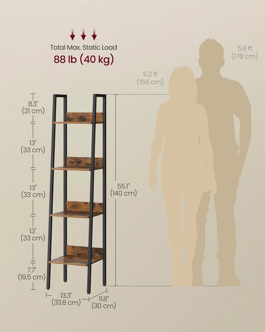 VASAGLE 4-Tier Narrow Ladder Bookcase | 88lb Capacity | Brown & Black