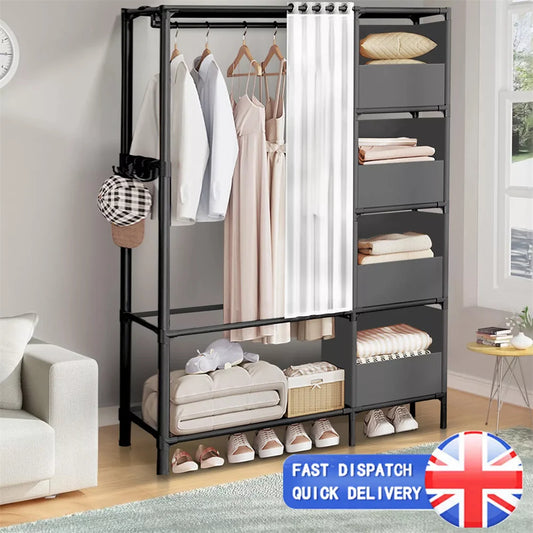 Heavy-Duty Metal Clothes Rail with Shelves, Shoe Rack & Side Hooks | 152kg