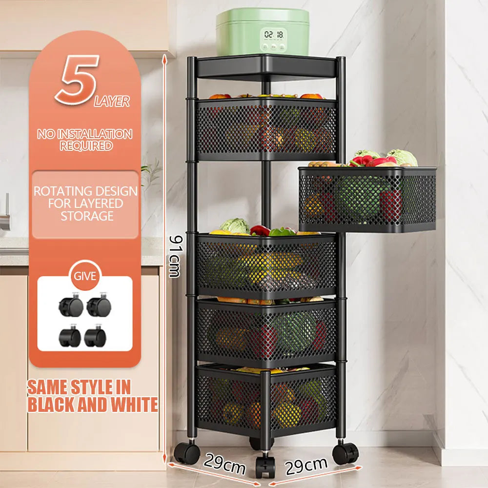 Multi-Layer Rotatable Storage Rack Kitchen Organizer Vegetable Basket Removable Household Rolling Storage Cart Trolley