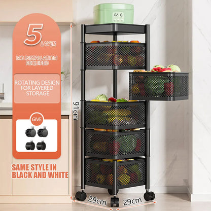 Multi-Layer Rotatable Storage Rack Kitchen Organizer Vegetable Basket Removable Household Rolling Storage Cart Trolley