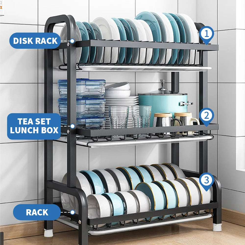3 Tier Dish Drainer Rack with Drip Tray Cutlery Holder Plate Rack Kitchen Sink