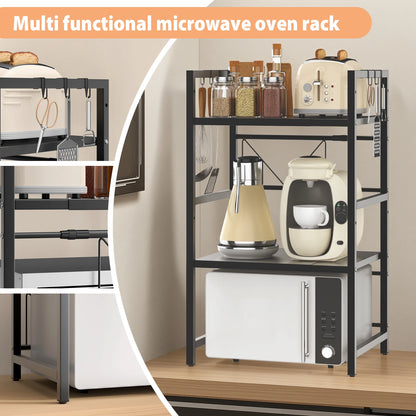 Extendable Microwave Rack, 3 Tier Microwave Rack with 6 Hooks, Microwave Rack, Kitchen Countertop Organiser
