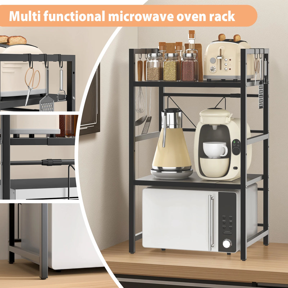 Extendable Microwave Rack, 3 Tier Microwave Rack with 6 Hooks, Microwave Rack, Kitchen Countertop Organiser