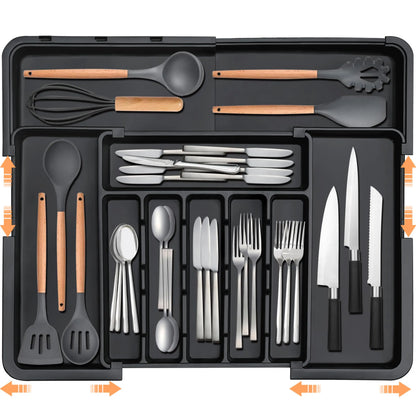 Large Expandable Kitchen Drawer Organizer for Flatware -Adjustable Cutlery Tray (6-9 Slots) for Spoons/Forks/Knives, Black