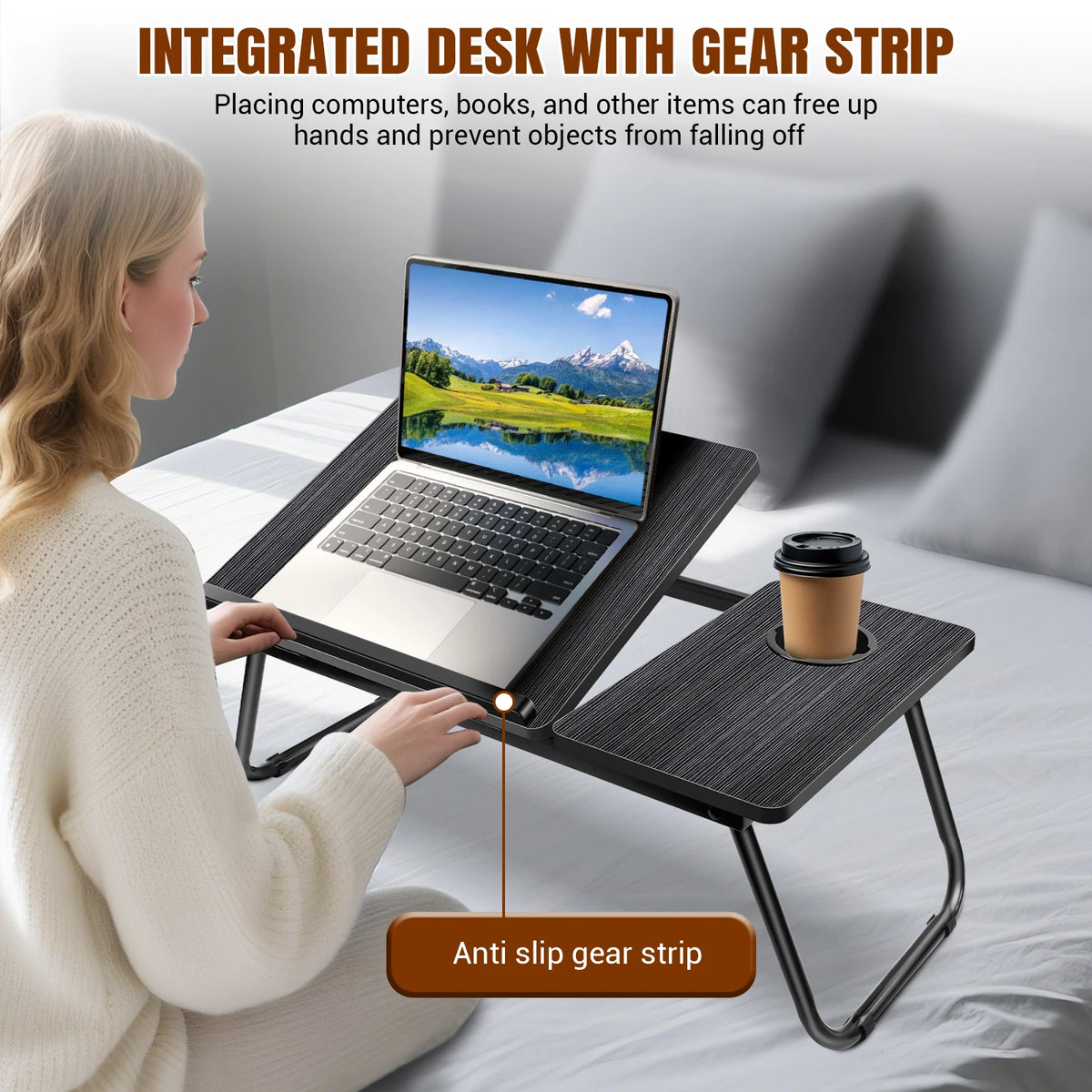 Laptop Bed Tray with Foldable Legs, Cup Slot & Reading Holder
