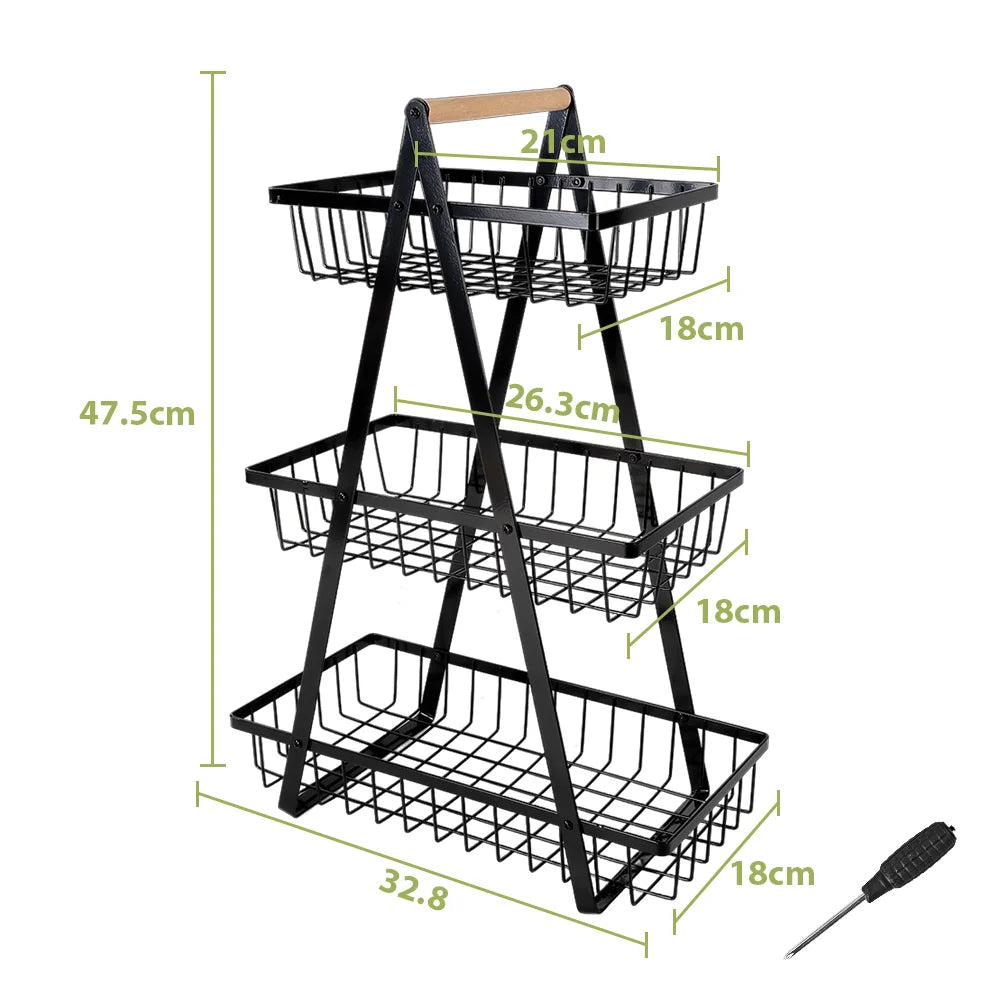 3-Tier Fruit & Vegetable Basket with Handle | Countertop Stand