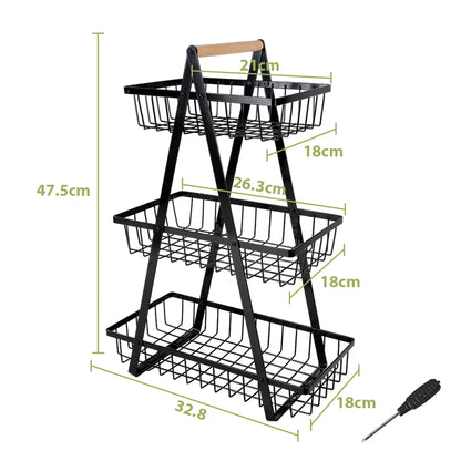 3-Tier Fruit & Vegetable Basket with Handle | Countertop Stand