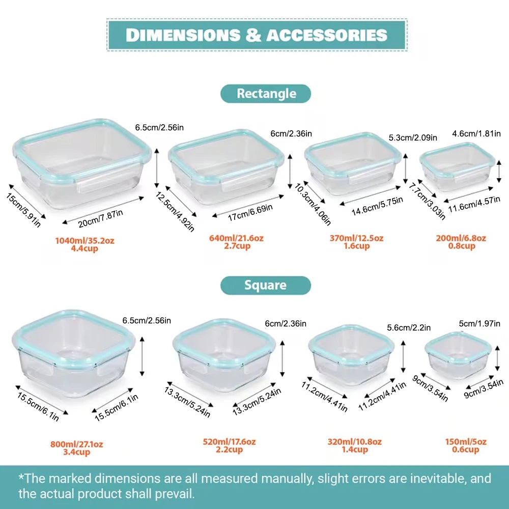Meal Prep Glass Containers with Airtight Lids – 8 Pack, Rectangle (4 Sizes: 1040ml-200ml) & Square(4 Sizes: 800ml & 150ml)
