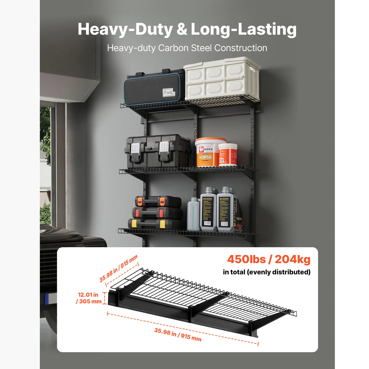 SucceBuy Heavy Duty Wall Garage Shelving 3-Tier 0.9x3 ft 450 lbs 11x36" Per Shelf Steel Wall Mounted Shelving Unit Metal Black