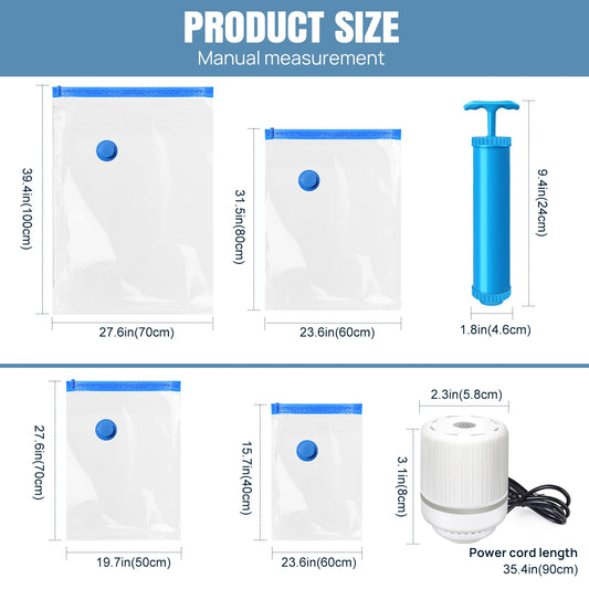 Vacuum Storage Bags with Hand Pump and Eelctric Pump, 12 PCS, 4 Sizes, Space Saving Travel Clothes Organizer