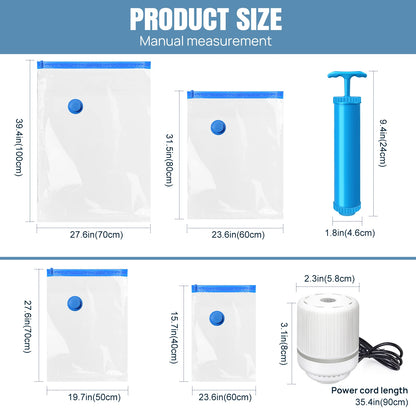 Vacuum Storage Bags with Hand Pump and Eelctric Pump, 12 PCS, 4 Sizes, Space Saving Travel Clothes Organizer