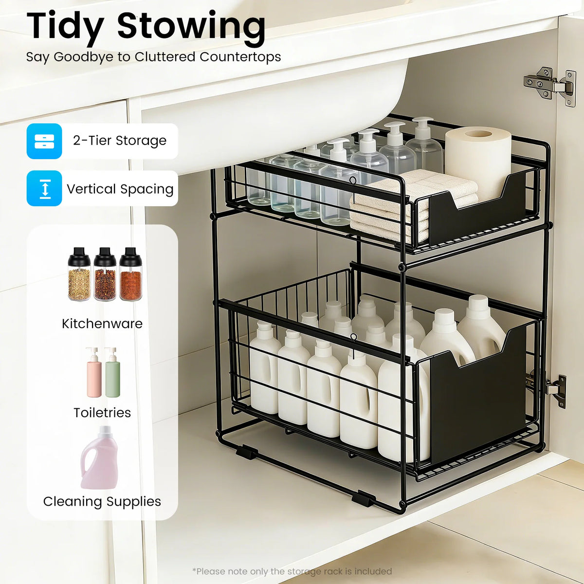 2-Tier Pull-Out Under-Sink Cabinet Organiser | Adjustable Slide-Out Drawer